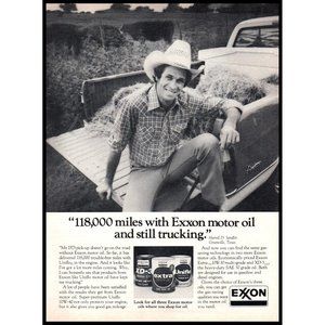 1981 Exxon Motor Oil Vintage Print Ad Farmer Pickup Truck Hay Bales Wall Art